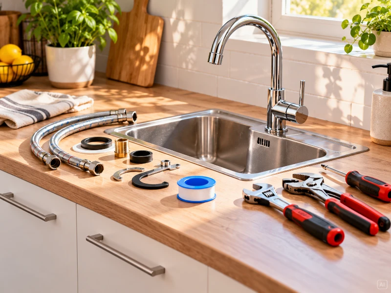 Montare baterie chiuveta bucatarie cu unelte si accesorii necesare pentru instalare. Montare baterie chiuveta bucatarie cu unelte si accesorii necesare pentru instalare.