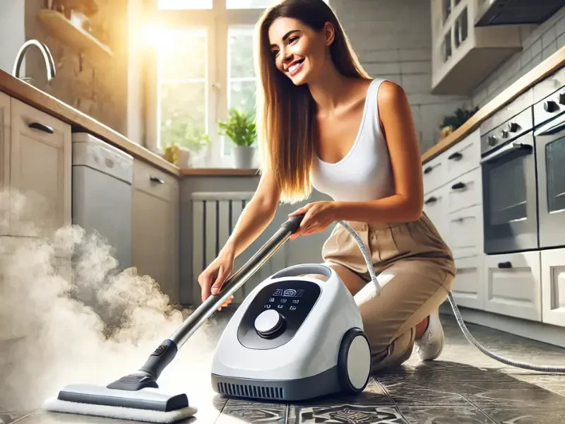 nő konyhapadlót takarit gőztisztítóval