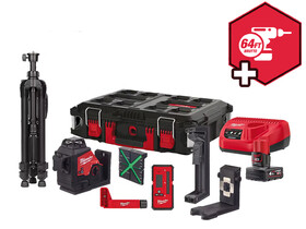 Milwaukee M123PLKIT-401P Zöld vonallézer Hatósugár jelfogóval: 0 - 100 m | 1 x 4 Ah akku + töltő | Packout kofferben