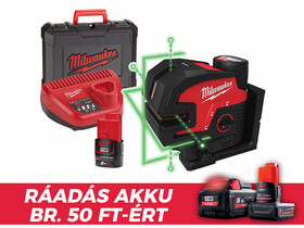 Milwaukee M12CLL4P-301C Zöld pont- és vonallézer Hatósugár jelfogóval: 0 - 100 m | 1 x 3 Ah akku + töltő | Kofferben