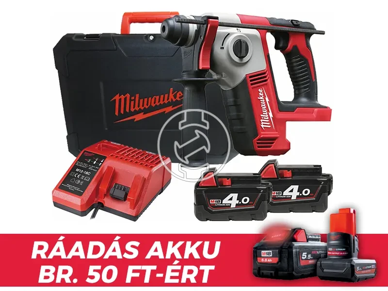 Milwaukee M18 BH-402C akkus fúrókalapács 18 V | 1,2 J | Betonban 16 mm | 2,5 kg | Szénkefés | 2 x 4 Ah akku + töltő | Kofferben