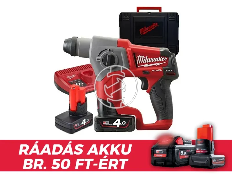 Milwaukee M12 CH-402C akkus fúrókalapács 12 V | 1,1 J | Betonban 13 mm | 1,7 kg | Szénkefementes | 2 x 4 Ah akku + töltő | Kofferben