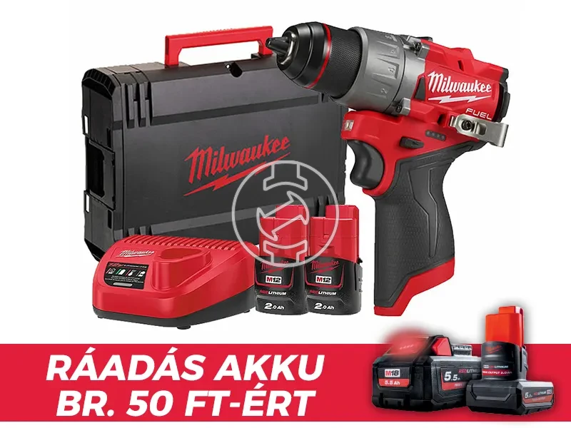 Milwaukee M12FDD2-202X akkus fúrócsavarozó tokmányos 12 V | 45 Nm | Szénkefementes | 2 x 2 Ah akku + töltő | Heavy Duty kofferben