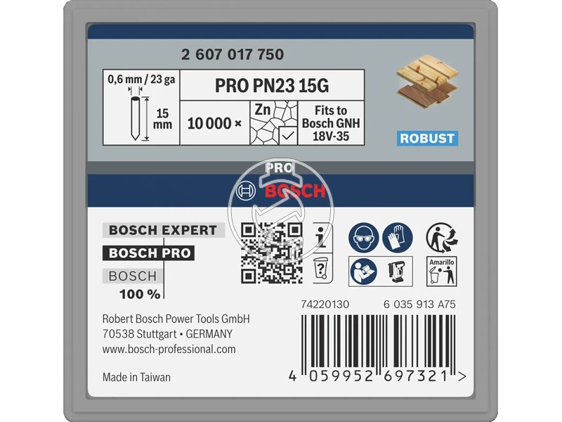 Bosch PRO fejnélküli szeg GNH 18V-35 szögbelővőhöz, PN23 G Pin, horganyzott, 15 mm, 10000 db