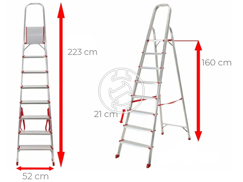 Ztrust háztartási dobogós létra Fokok száma: 8 db | Dobogó magasság: 1,6 | Alumínium