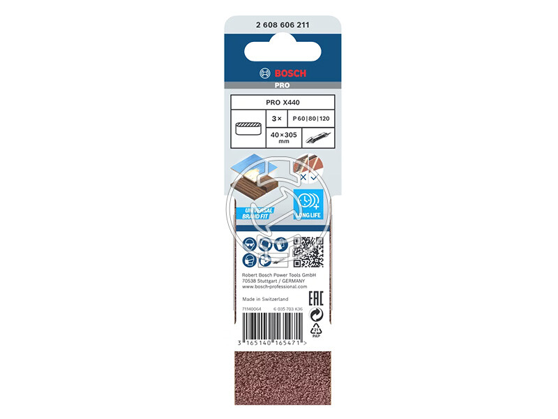 Bosch PRO X440 végtelenített csiszolószalag készlet 40 x 305 mm, G60, G80, G120, 3 db
