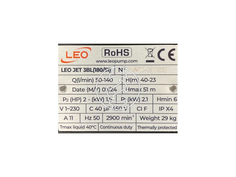 Leo XJWm 180/51-50CL házi vízellátó 140 - 50 l/perc | 0 - 40 m | 50 l | 230 V
