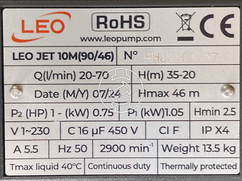 Leo XJWm 90/55 önfelszívó felszíni szivattyú 70 - 20 l/perc | 24 - 40 m | 230 V