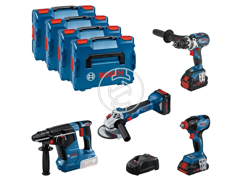 Bosch GSR+ GDX+ GWS+ GBH gépcsomag + 1x 4.0Ah (PC) + 2x 5.5 Ah (PC) + GAL 1880CV + L-Boxx