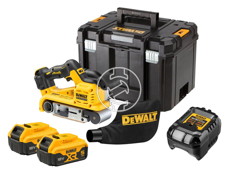DeWalt DCW220P2-QW akkus szalagcsiszoló 18 V | 75 x 533 mm | Szénkefementes | 2 x 5 Ah akku + töltő | TSTAK kofferben