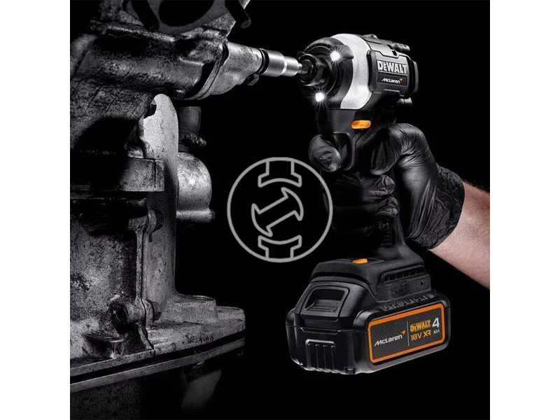DEWALT X MCLAREN 18V XR SZÉNKEFE NÉLKÜLI ÜTVECSAVAROZÓ + 2x 4Ah akkumulátor + DCB1104 4A töltő, TSTAK kompatibilis dobozban