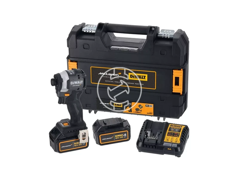 DEWALT X MCLAREN 18V XR SZÉNKEFE NÉLKÜLI ÜTVECSAVAROZÓ + 2x 4Ah akkumulátor + DCB1104 4A töltő, TSTAK kompatibilis dobozban
