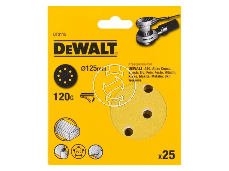 Kép: DeWalt Sanding Disc Tepozaras excentercsiszolopapir 125 mm 120G 8 lyuk 25 db_1.webp