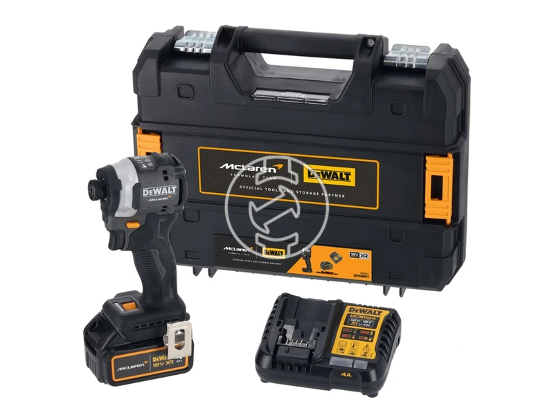 DEWALT X MCLAREN 18V XR SZÉNKEFE NÉLKÜLI ÜTVECSAVAROZÓ + 1x 4Ah akkumulátor + DCB1104 4A töltő, TSTAK kompatibilis dobozban