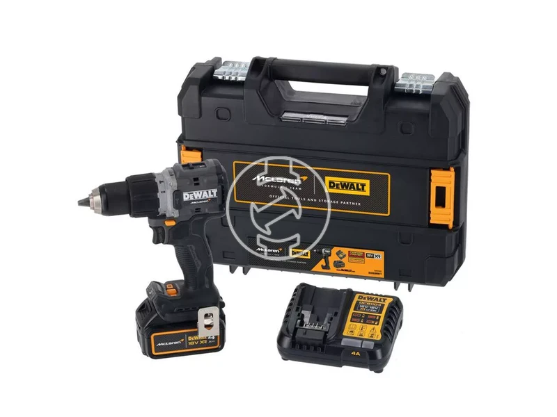 DEWALT X MCLAREN 18V XR SZÉNKEFE NÉLKÜLI ÜTVEFÚRÓ-CSAVAROZÓ + 1x 4Ah akkumulátor + DCB1104 4A töltő, TSTAK kompatibilis dobozban