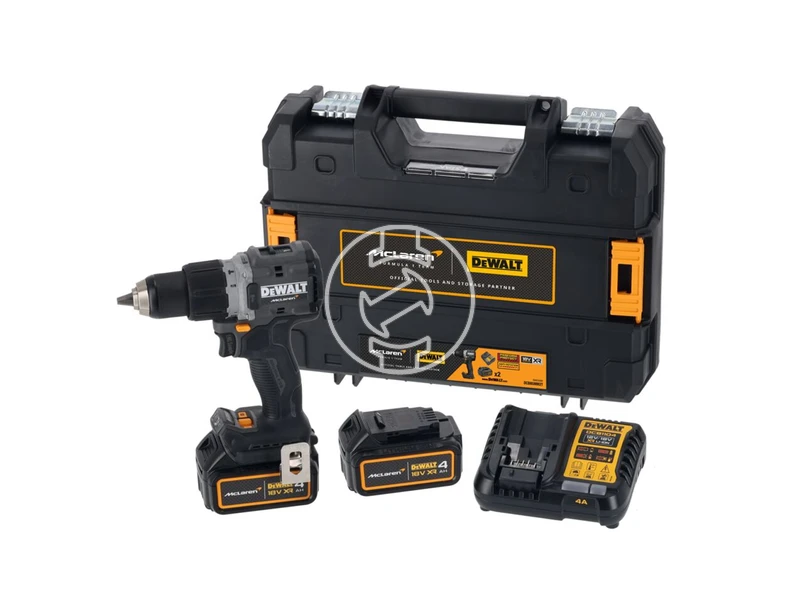 DEWALT X MCLAREN 18V XR SZÉNKEFE NÉLKÜLI ÜTVEFÚRÓ-CSAVAROZÓ + 2x 4Ah akkumulátor + DCB1104 4A töltő