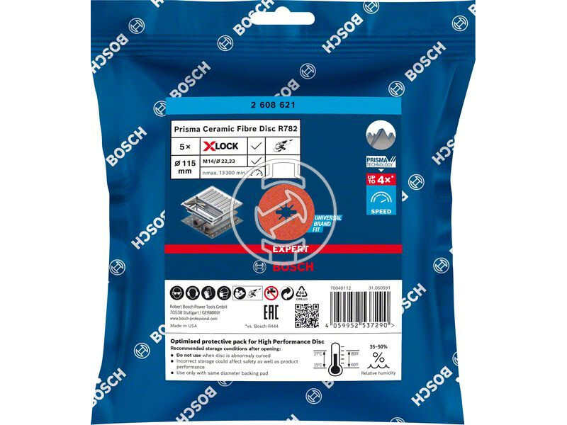 EXPERT R782 X-LOCK Prisma kerámiaszemncsés fíbertárcsa Inoxhoz, 5db, X-LOCK 115mm, G60+, 5db