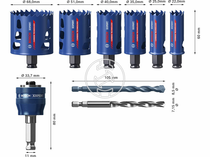 EXPERT Tough Material körkivágú készlet, 9 részes , 22, 25, 35, 40, 51, 68 mm; 1 db HSS-G központo