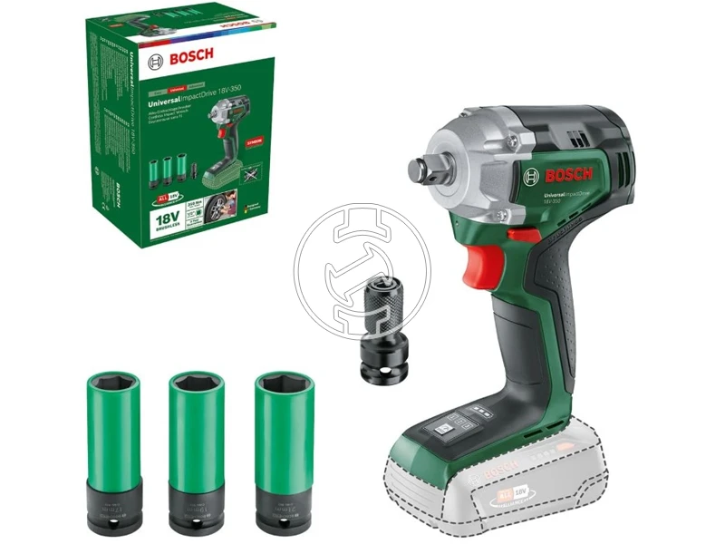 Bosch UniversalImpactDrive 18V-350 akkus ütvecsavarozó hex adapterrel és dugókulcs készlettel