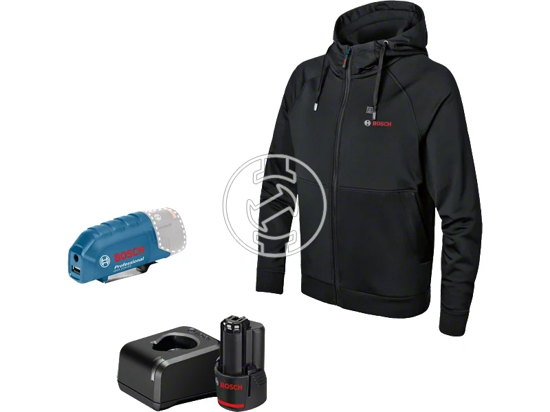 Kép: GHJ 1218V XA Kapucnis pulover XL GAA 12V-21 adapterrel 1x 20 Ah akkuval GAL 12V-20 toltovel kartondobozban.webp