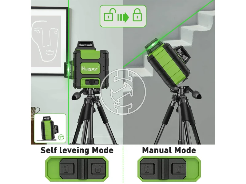 Huepar HM03CG zöld vonallézer Hatósugár jelfogóval: 0 - 60 m