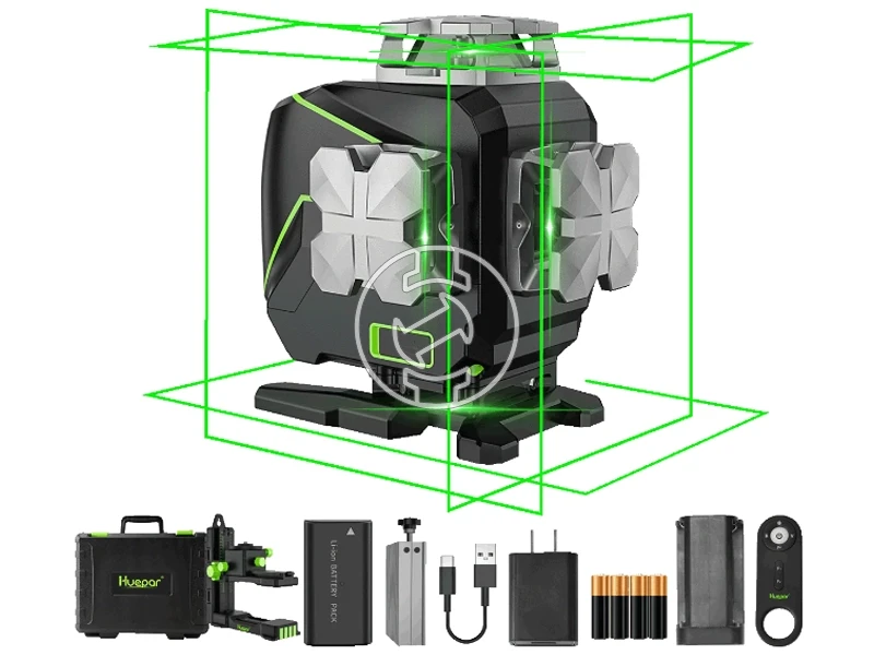 Huepar S04CG Zöld vonallézer Hatósugár: 0 - 20 m | 1 x 2,6 Ah akku + töltő/4 x elem + elemadapter | Kofferben