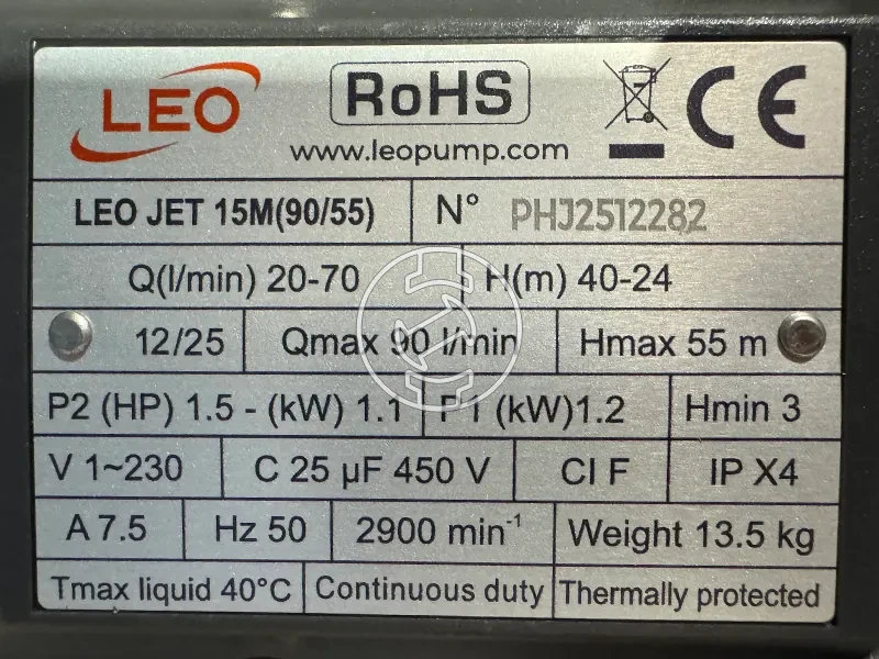 Leo XJWm 90/55 önfelszívó felszíni szivattyú 70 - 20 l/perc | 24 - 40 m | 230 V