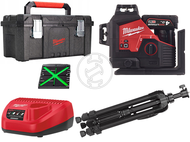 Milwaukee M12 3PL-401C vonallézer + 1,2 m-es mérőműszer állvány + 4939698536 szerszámosláda