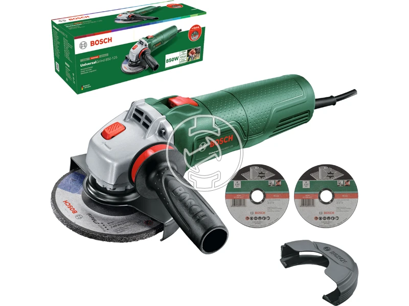 Bosch UniversalGrind 850-125 elektromos sarokcsiszoló + 2 db vágótárcsa + 1 db csiszolót.