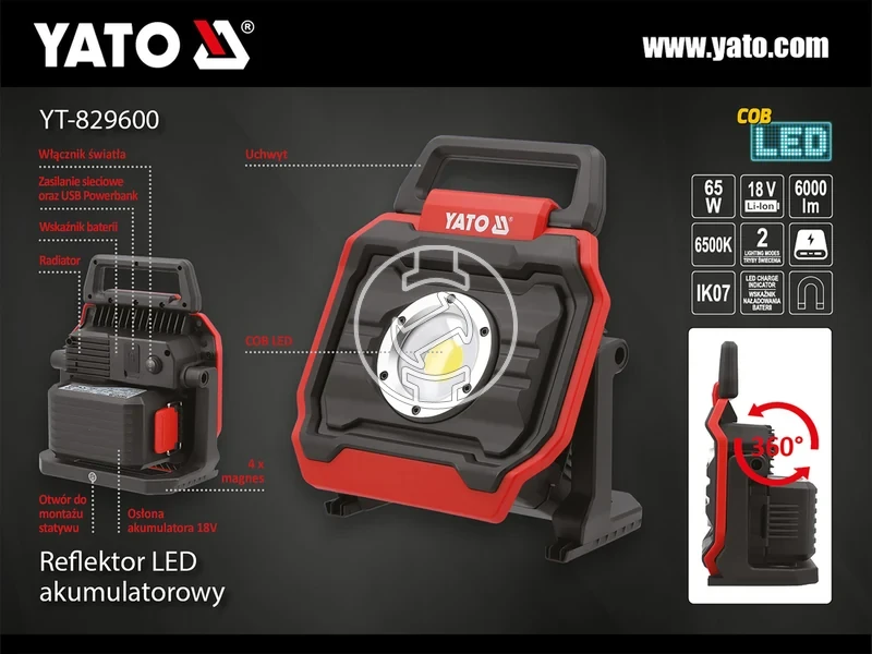 Kép: Yato YT-829600 proiector LED portabil cu acumulator 18 V 6000 lm fara acumulator si incarcator.webp