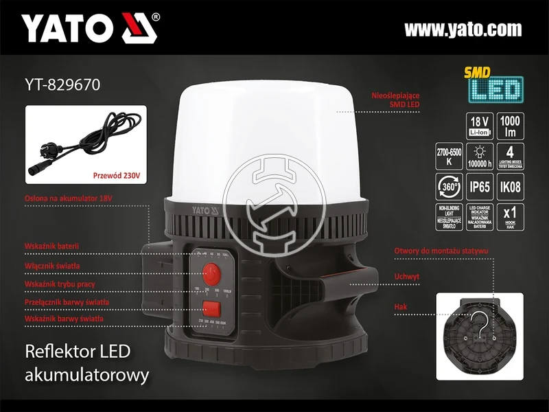 Kép: Yato YT-829670 proiector LED portabil cu acumulator 18 V 10000 lm fara acumulator si incarcator.webp
